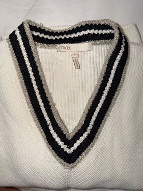 Maje Cream V-Neck Sweater with Black and Silver Trim